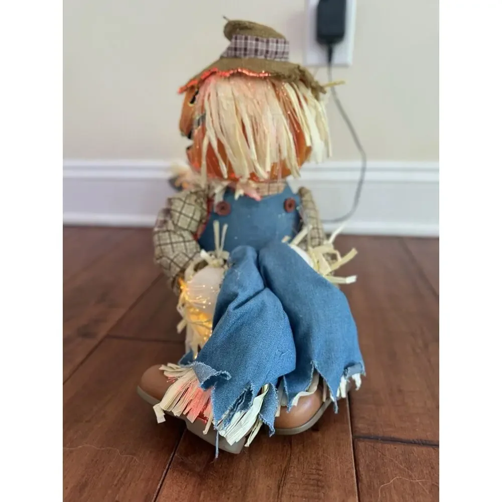 Gemmy Halloween Couple Sitting Fiber Optic Lights Yellow Scarecrow Pumpkin